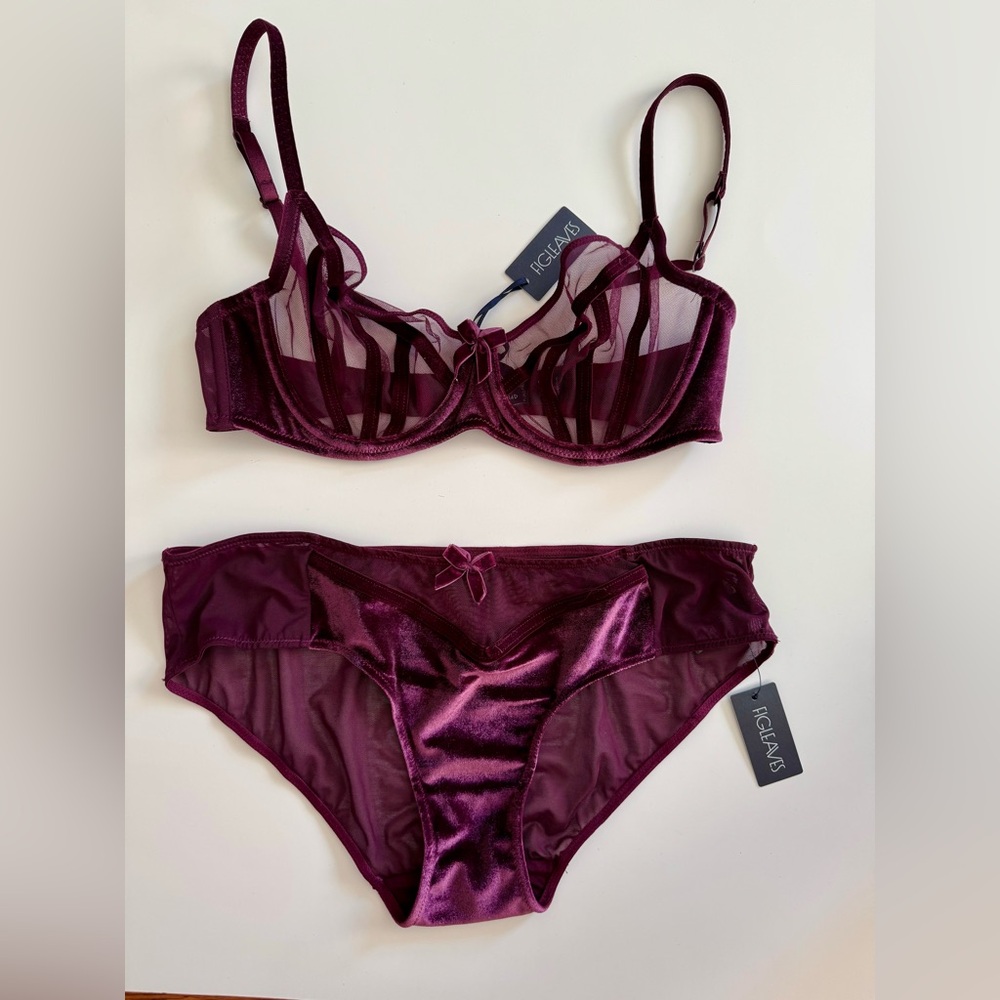 NWT | Figleaves | Velvet Kiss Underwire Bra Matching Set | Maroon | 34D & 14